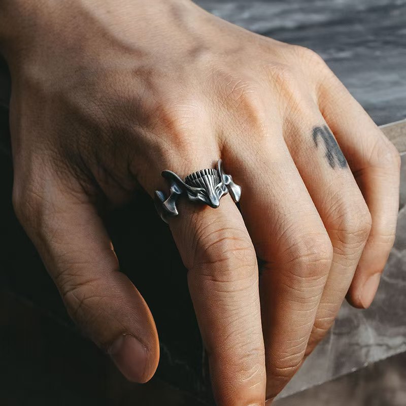 Skull Ghost Face 2-in -1 Combination Ring Men's Retro Aggressive Trendy Creative Niche Design Adjustable Ring
