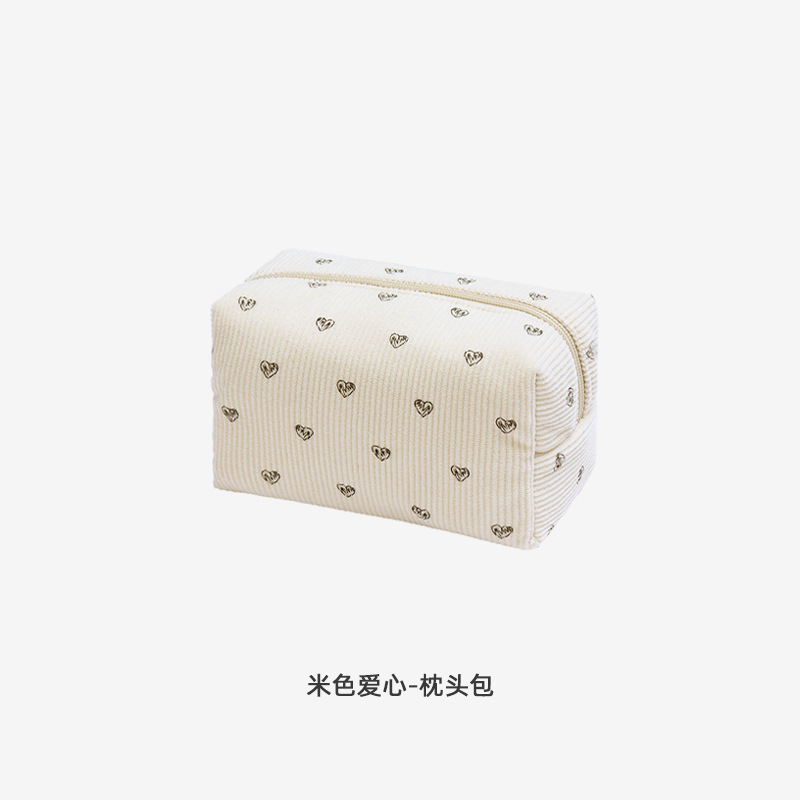 新しいコーデュロイ桃心化粧バッグ大容量高级感ポータブル化粧品収纳バケツバッグ