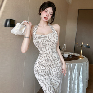 Sexy Hanging Neck Style Slim Fit Open Back Printed Wrapped Hip Dress