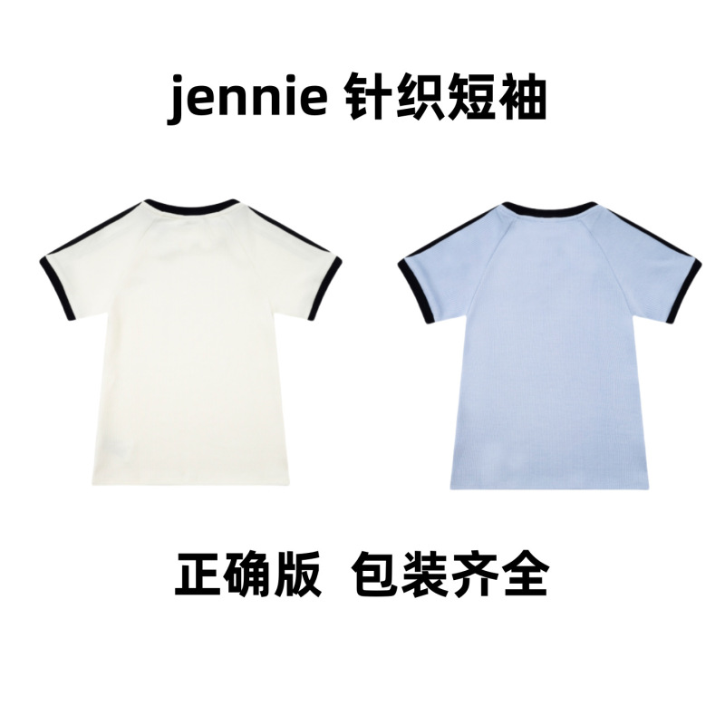 ジェニーと同じスタイルのニット糸半袖小ラベル刺繍サマースタイルガールズ韓国万能トップス|undefined
