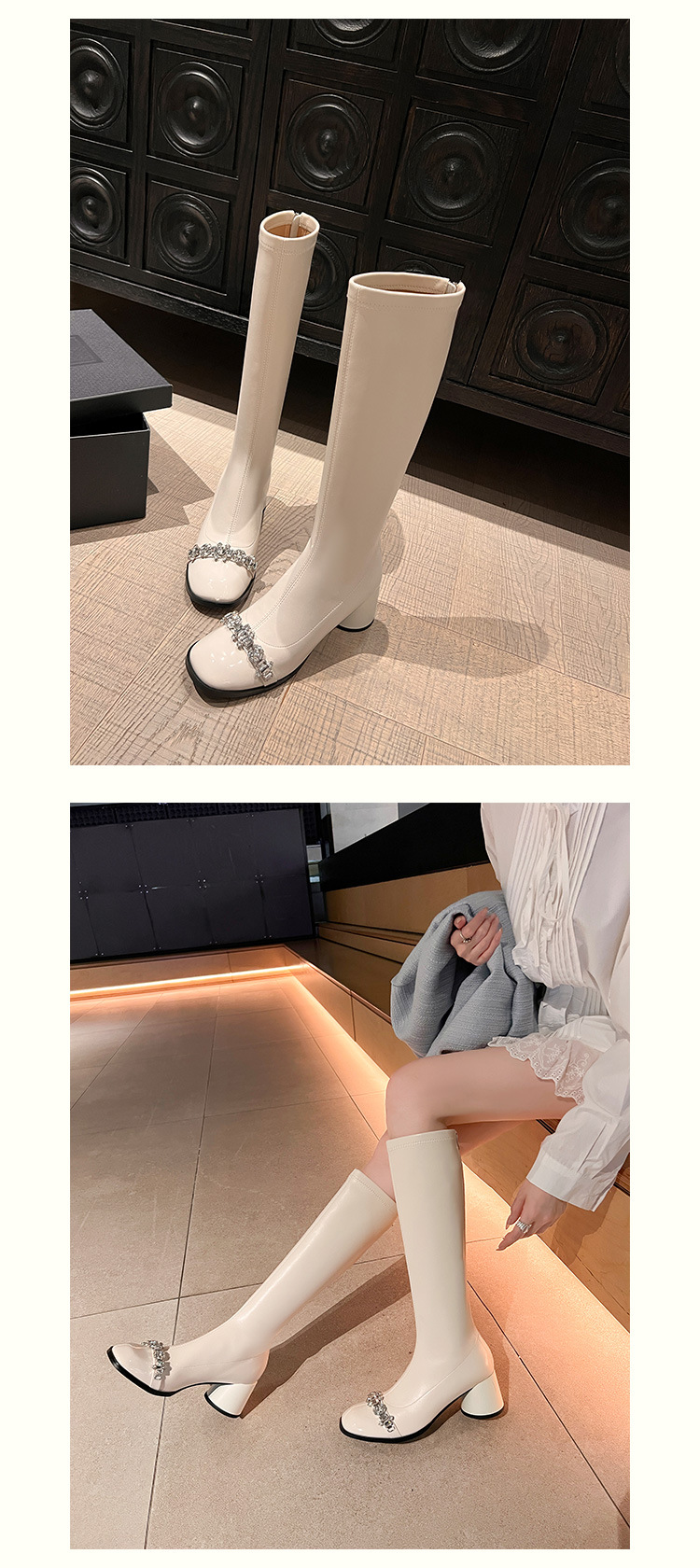 Boot nữ cổ cao ôm bắp chân phong cách vải tuýt, gót thô 5 cm, đế dày, mũi tròn — nhung đen, Lớp lót đơn màu trắng nhạt, Lớp lót đơn màu đen, Lớp lót nhung màu trắng nhạt chi tiết 20