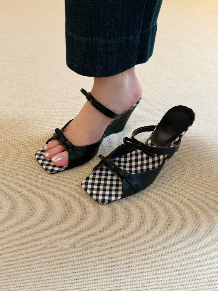 Босоножки из овчины ~ французский бант, квадратный носок, на танкетке, новая модель 2025 года, элегантные, из натуральной кожи, открытый носок