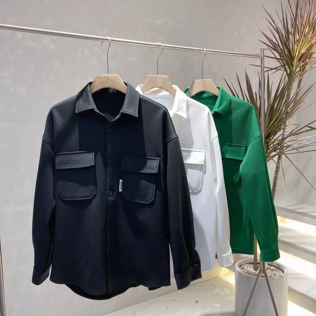 Otoño nueva solapa camisa abrigo hombres marca de moda suelta forro de punto ropa de los hombres chaqueta casual