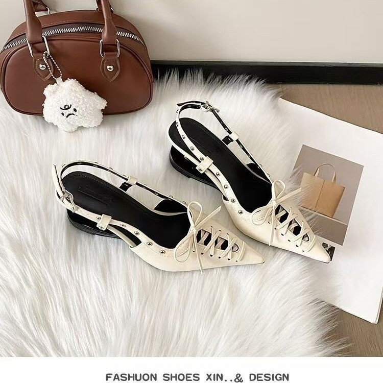 2026 Summer New Style Cross-Strap Bowknot Pointed Toe Thin Heel Mid-Heel Closed-Toe Sandals High-Heel Single Shoes with Studs 2026 Summer New Style Cross-Strap Bowknot Pointed Toe Thin Heel Mid-Heel Closed-Toe Sandals High-Heel Single Shoes with Studs