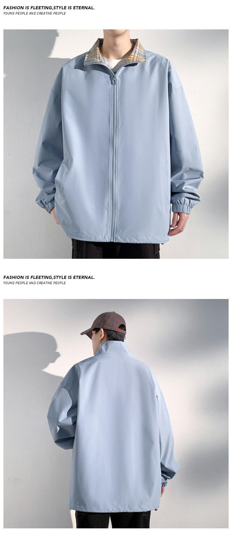 Men's Plaid Patchwork Denim Jacket With Stand Collar Windproof_voghion.com