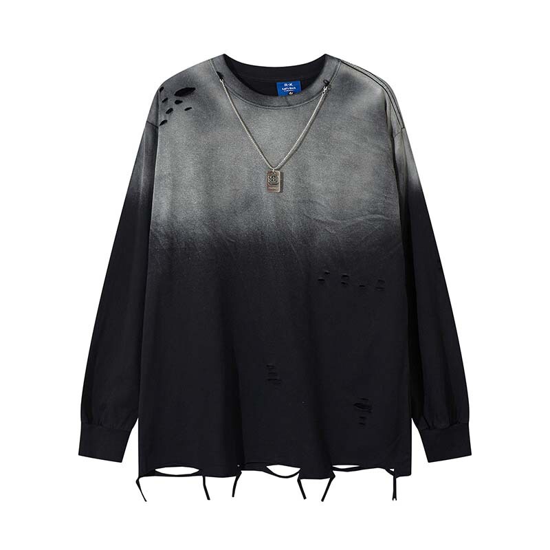 Tie-dye Gradient Metal Chain Ripped Long-sleeved T-shirt Men's and Women's American Style Fashion Brand Loose Casual Hip-hop Top