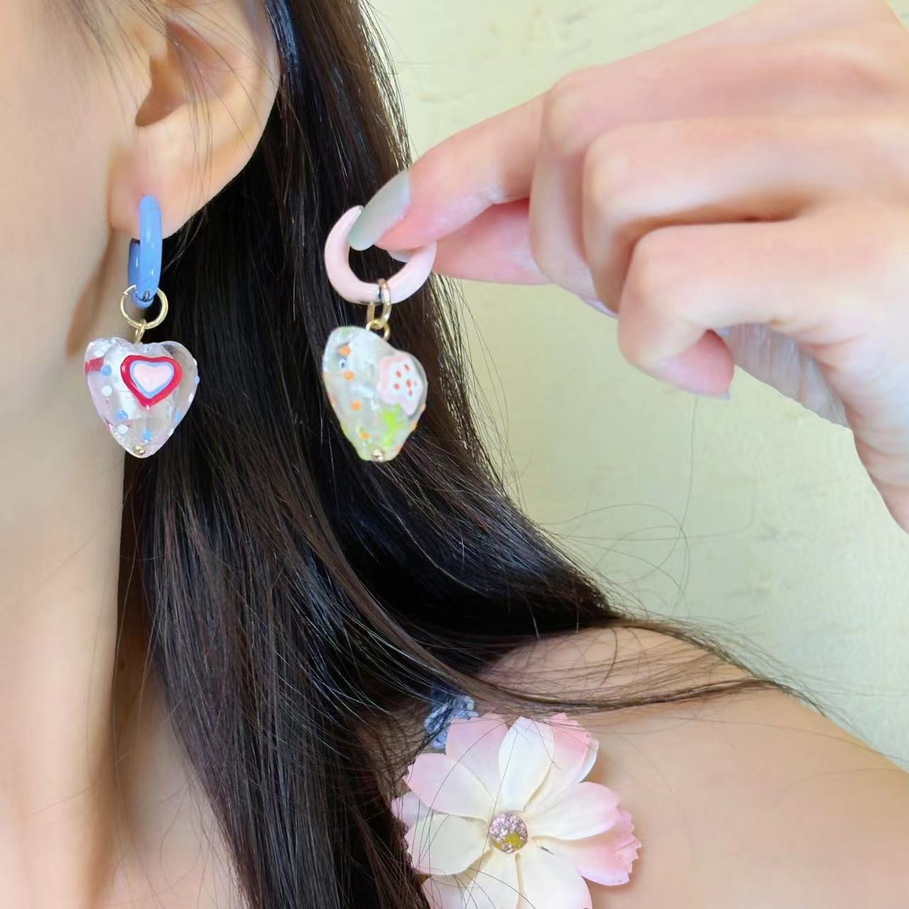 French Colorful Asymmetric Love Hand-painted Glaze Earrings Women's Niche Glaze Drop Dopamine Cute Ear Buckle Earrings Trendy