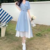 2024 Summer New Retro French Style V-neck Long Dress Design Sense Niche Elegant Tight Waist Slimming Irregular Dress