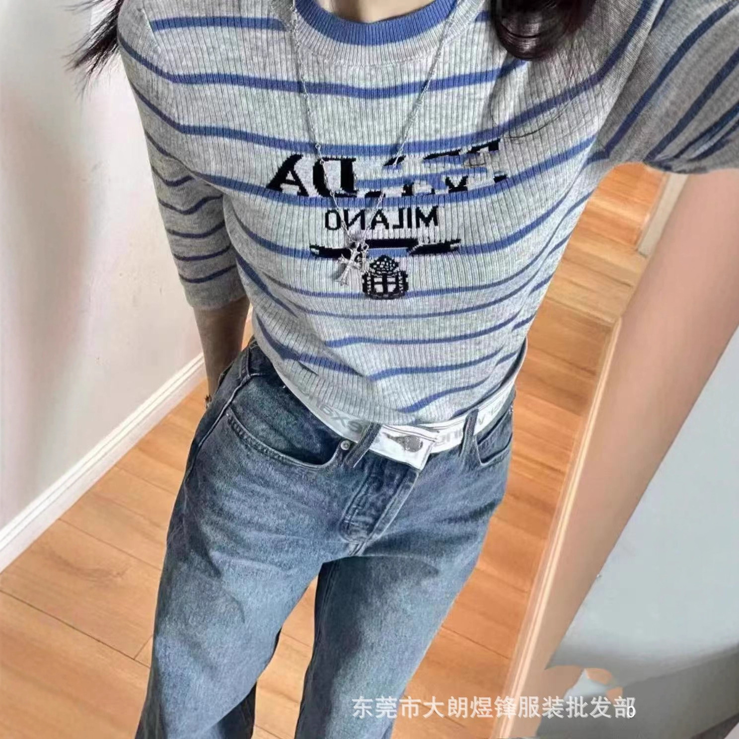 现货高版本25早秋新款pr条纹字母圆领针织衫显瘦女装高品质南油女