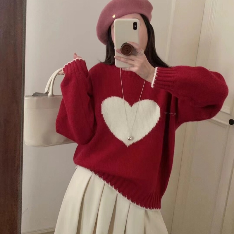 Contrast Color Love Jacquard Short Round Neck Sweater Autumn and Winter New Loose All-match Christmas New Year Sweater Women