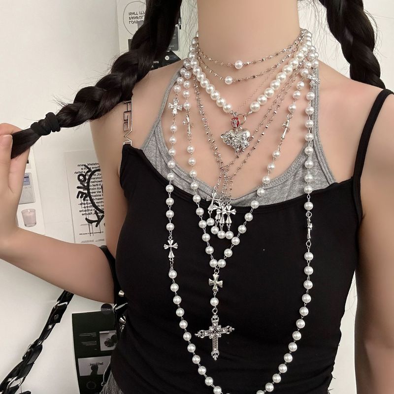 重工多层叠戴十字架珍珠项链女小众轻奢高级感choker锁骨链毛衣链|undefined
