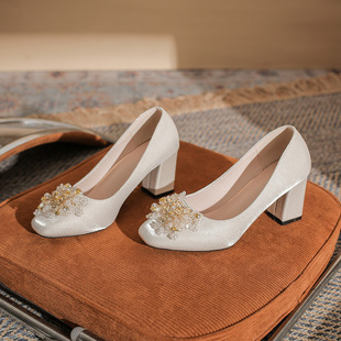 2024 new square head thick heel high heels plus size plus fat widened wedding shoes wedding bride shoes shoes show clothing