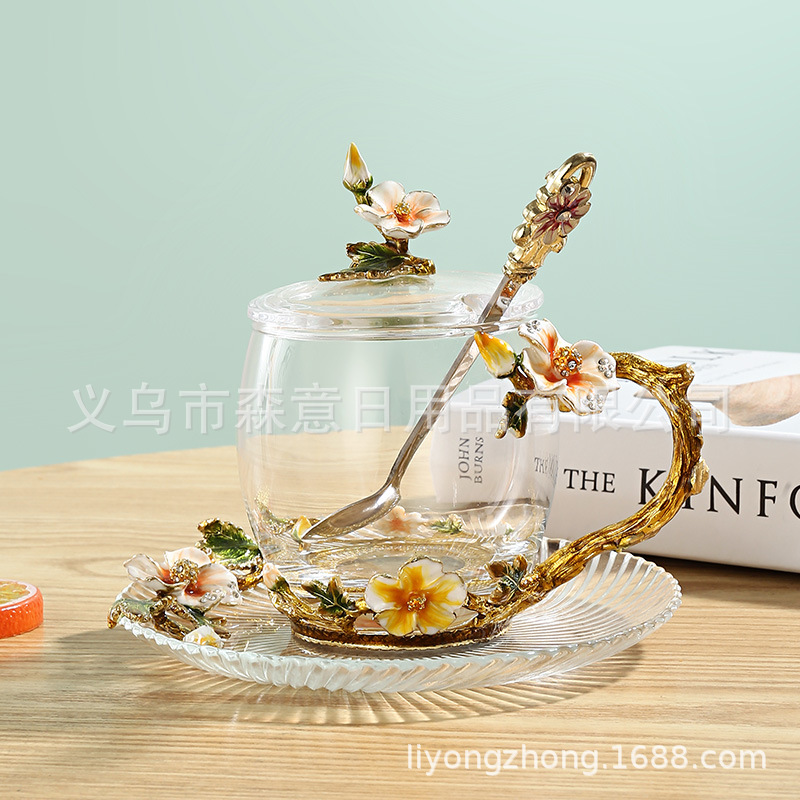 Esmalte taza de agua de color flor creativa taza de té taza de jugo taza de vidrio de cristal resistente al calor taza de café taza de pareja de gama alta regalo de la taza