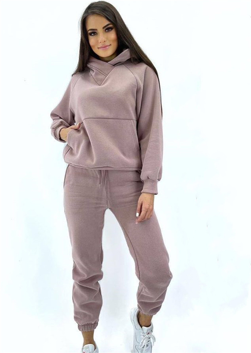Hooded Loose Casual Top Two Piece 2024 Autumn/Winter New Brushed Women's Sweater Sports Set_voghion.com