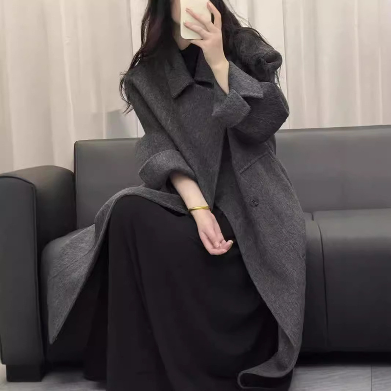 24 New Double-sided Wool Coat Lined Straight Style Large Pocket Thickened Loose Warm Wool Coat