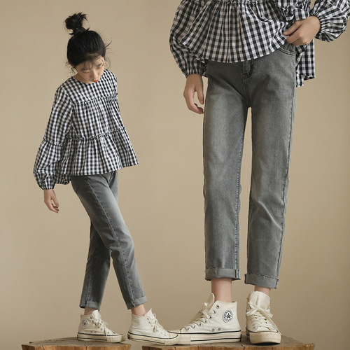 Japanese-style literary long-sleeved doll shirt, cotton, autumn and winter, medium and large women's children, black and white checkered top, loose, petite shirt, cross-border