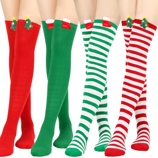 European and American New Christmas Tree Stockings Over-the-Knee Socks Women Party Dress Socks Sweet Cute Cartoon Striped Christmas Socks