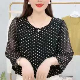 东南亚跨境2022春秋新款波点套头宽松型圆领气质通勤长袖打底衫