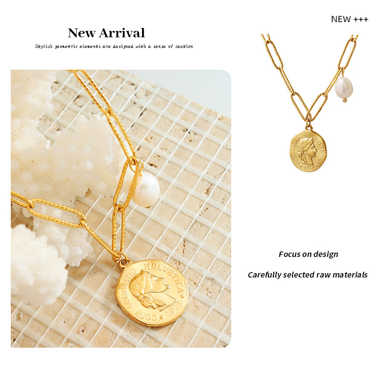 Vintage Style Portrait Titanium Steel Plating Pearl Necklace