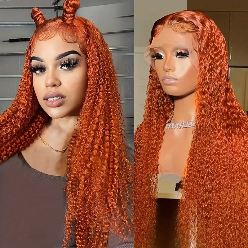 Modische orangefarbene Kunsthaarperücke mit kleinen Locken im europäischen/amerikanischen Stil, komplette Haarverlängerungen, durchschnittliche Größe, Body Wave, lang/kurz_voghion.com