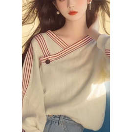 早秋新款韩系慵懒风超好看小个子宽松斜肩杏色条纹长袖卫衣女
