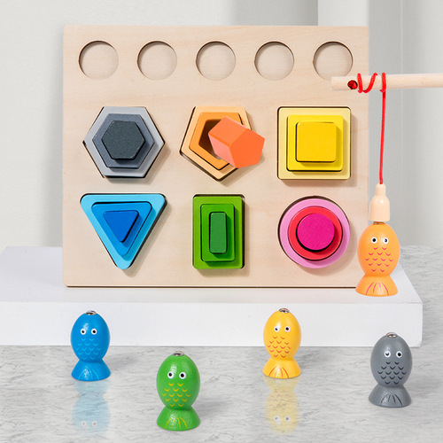 CE CPC cross-border new geometric shape column panel fishing two-in-one Montessori early education cognitive wooden toy