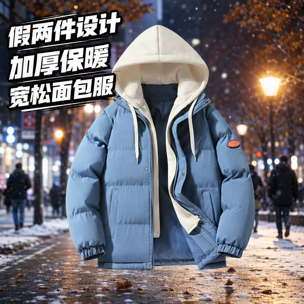 Men's cotton jacket for autumn and winter, faux two-piece men's cotton coat, Korean style trendy versatile outerwear, thickened for cold protection and warmth
