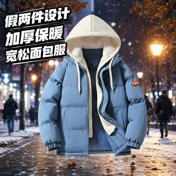 Men's cotton jacket for autumn and winter, faux two-piece men's cotton coat, Korean style trendy versatile outerwear, thickened for cold protection and warmth