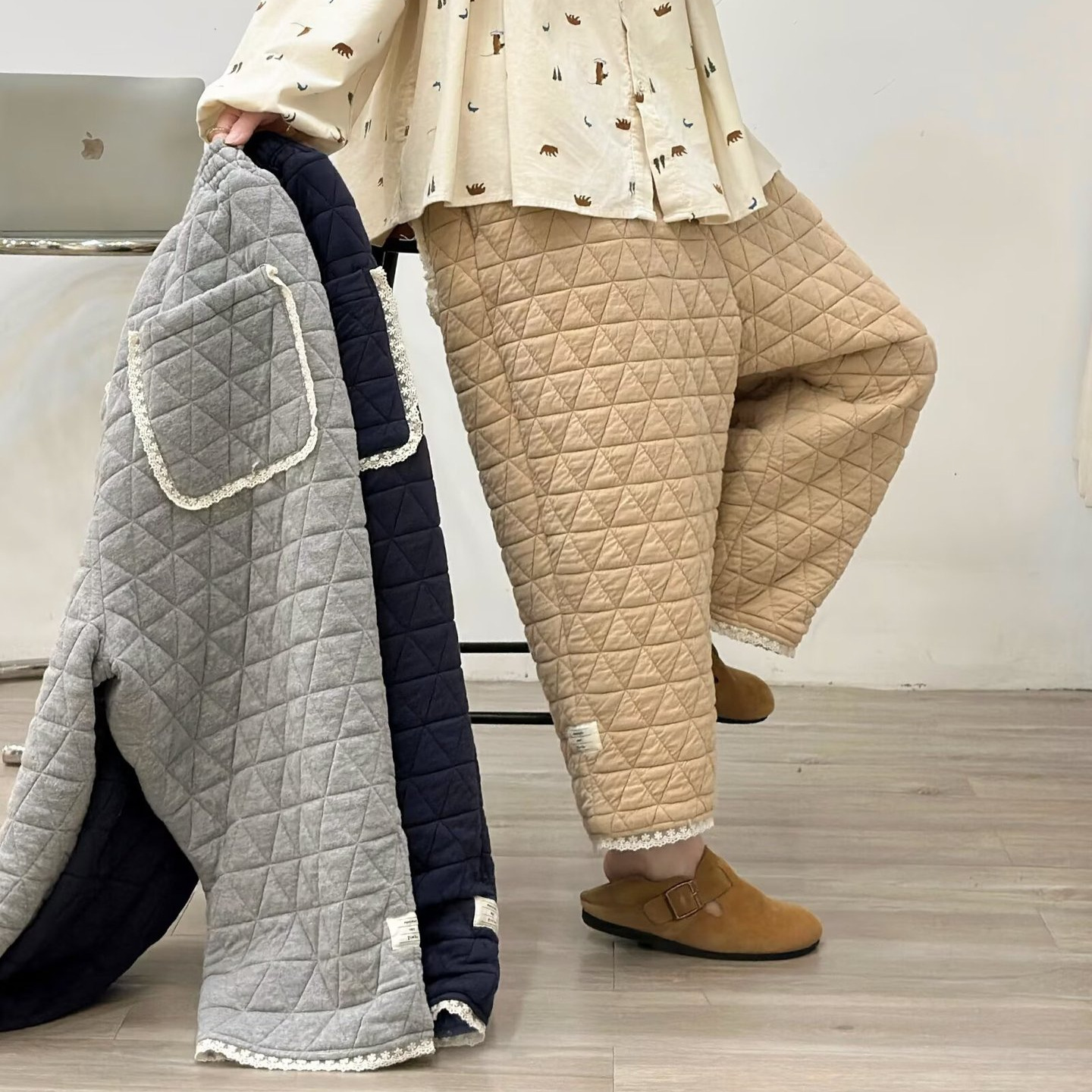 冬季女装新款森女系松紧腰菱格夹棉保暖棉裤休闲裤裤女均码无