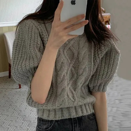 2025 Spring and Autumn South Korea Chic Gentle French Sweet Crochet Crew Neck Bubble Sleeve Short Sleeve Top