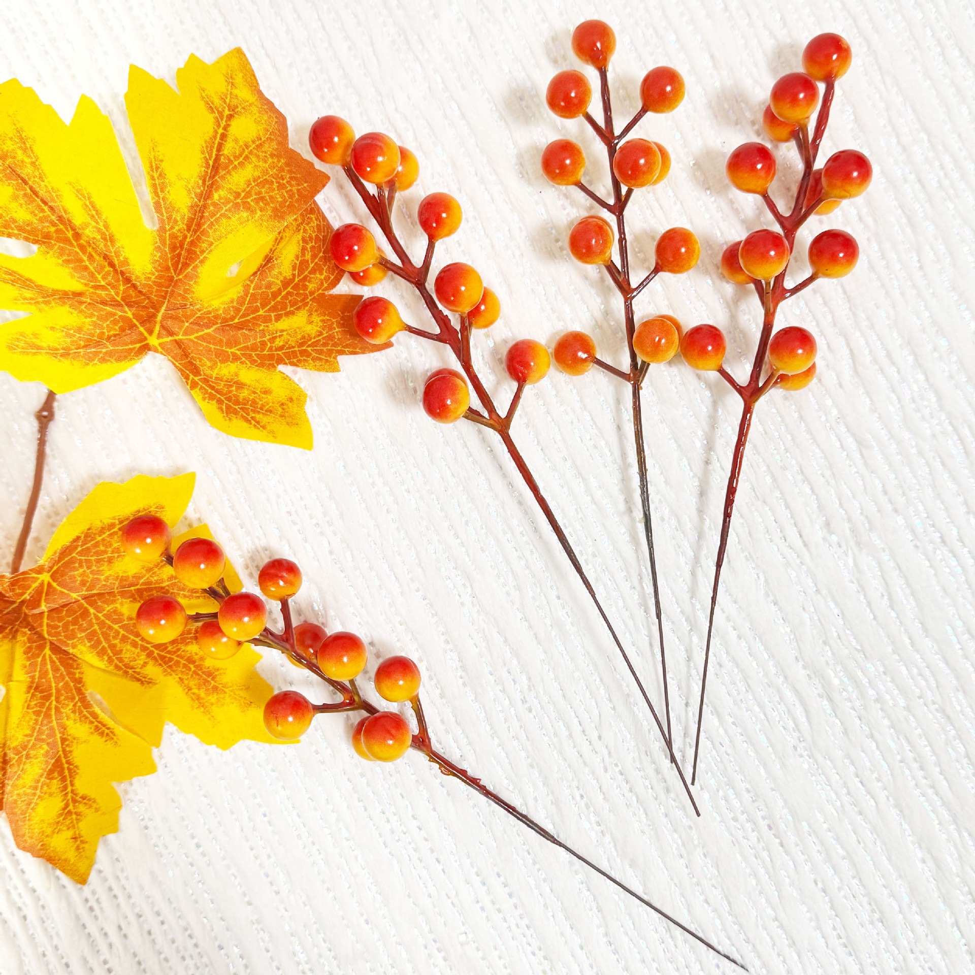 仿真发财果红果批发丰收节感恩节秋季装饰配件黄色渐变浆果枝