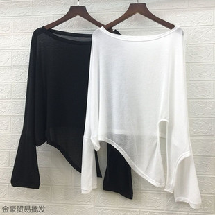 Ice Silk Knotted Pure Color Large Size Sun Protection Clothing Summer Slit Asymmetrical Long-Sleeved T-Shirt Loose Casual See-Through Top