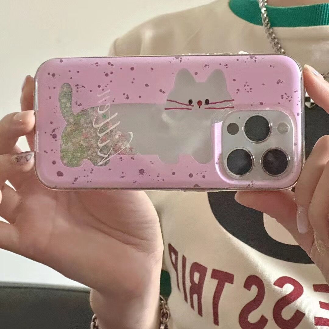 可愛橫版鏤空流沙貓咪iPhone14蘋果11適用12/13pro max手機殼防摔