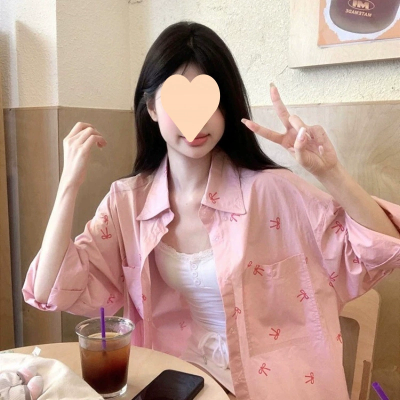 2025 розовая рубашка с длинным рукавом и принтом банта, новая весенняя милая свободная куртка-жакет для женщин