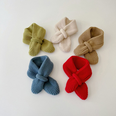 ins風簡約交叉兒童毛線圍巾韓國親膚純色男女童寶寶套口針織圍脖