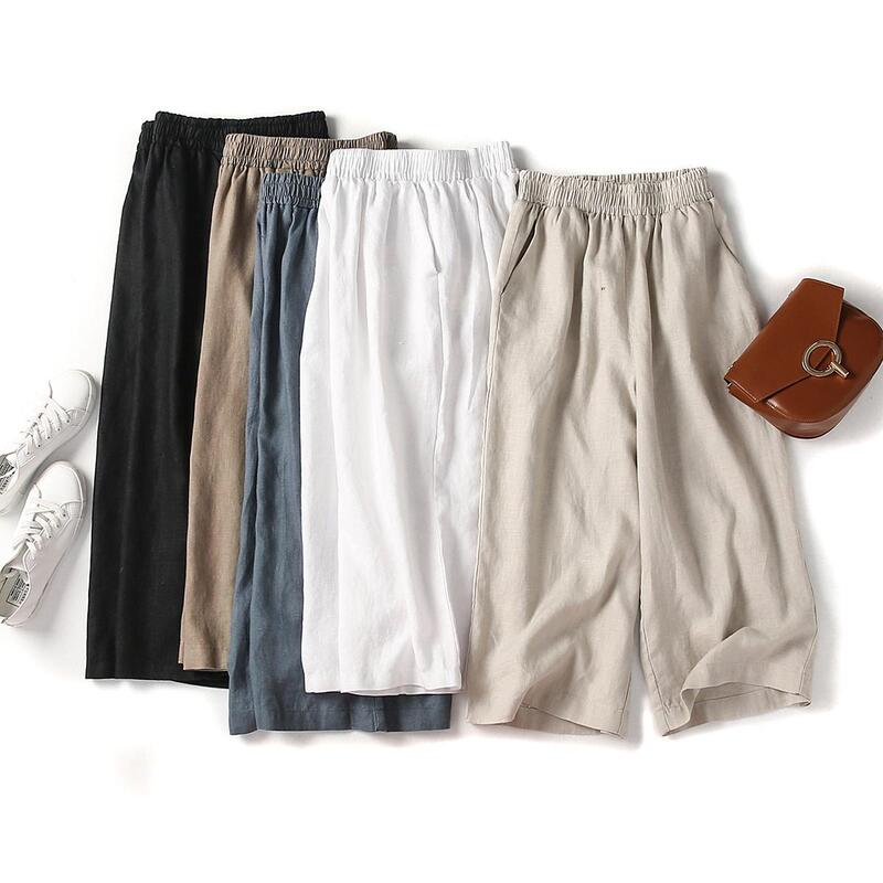 2022 Summer New Linen Capri Pants Women's Linen Cotton and Linen Wide-leg Pants Loose Large Size High Waist Small Casual Pants Thin