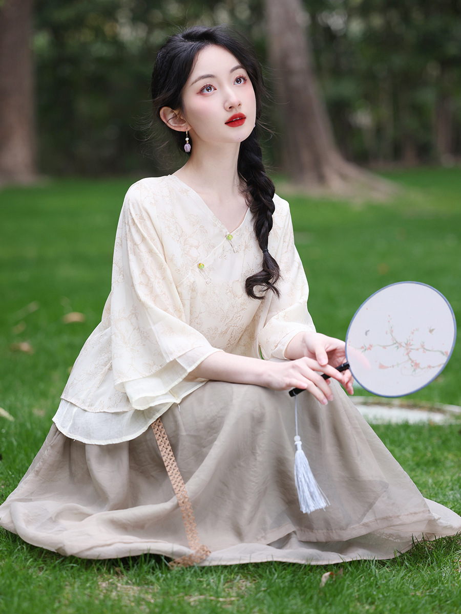 Spot New Chinese Zen Tea Clothing Cheongsam Two-piece Skirt Improved Hanfu