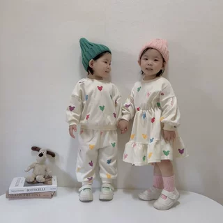 ins~2026春季新款韩版男女中小童兄妹套装彩色印花可爱卫衣连衣裙