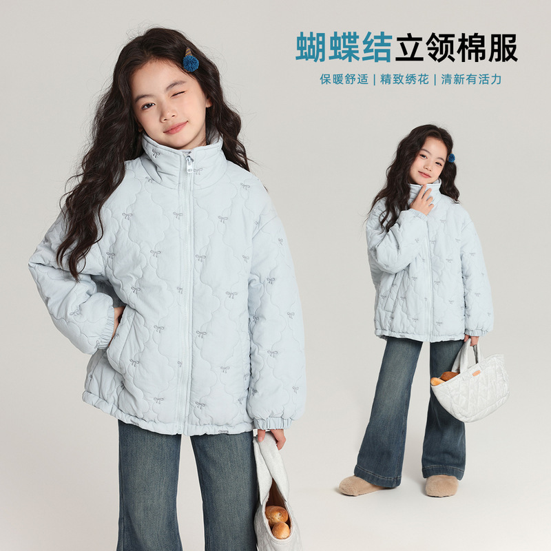 Pudding Haru Children's Cotton Clothing 2025 Winter New Bow Three-Dimensional Embroidery Stand Collar Baby Girl Warm Cotton Coat