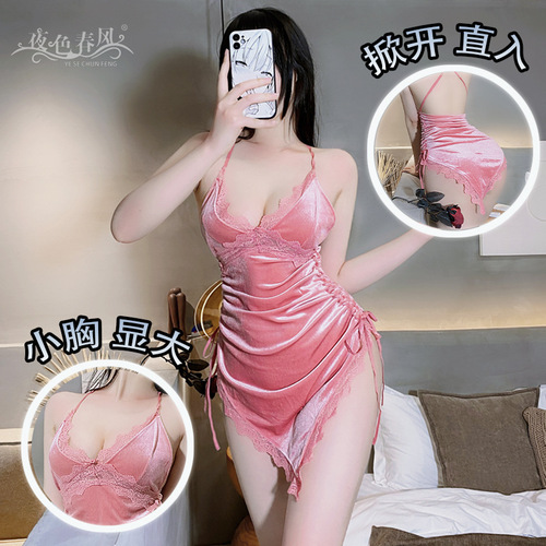 Sexy lingerie thick lace temptation cross suspender nightgown backless velvet sexy home wear women's hot pajamas winter