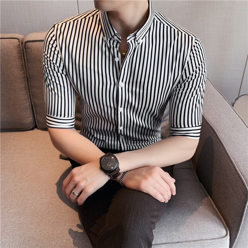 Mid-sleeve Shirt Striped Men's Summer Foreign Style Youth Hair Stylist Five-point Sleeve Shirt Slim Korean Shirt Men