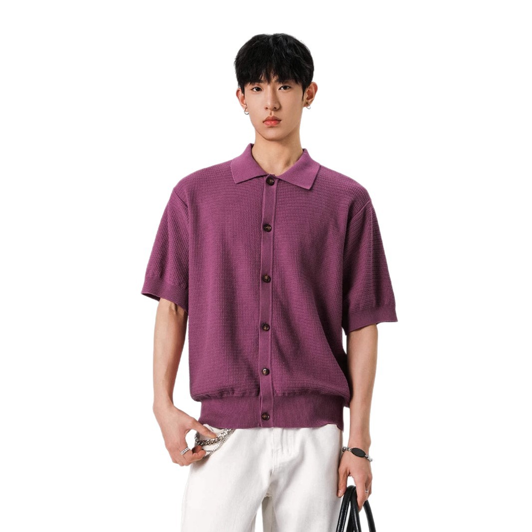 American Design Knitted Short-Sleeved Men's and Women's Summer Trendy New Cleanfit Cool Lapel Half-Sleeved Cardigan T-Shirt