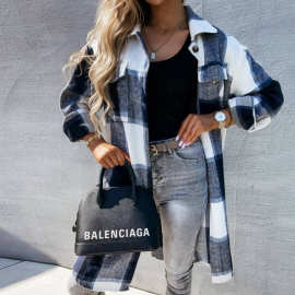 亚马逊速卖通外贸女装秋冬新款长袖翻领复古格子中长款衬衣外套女