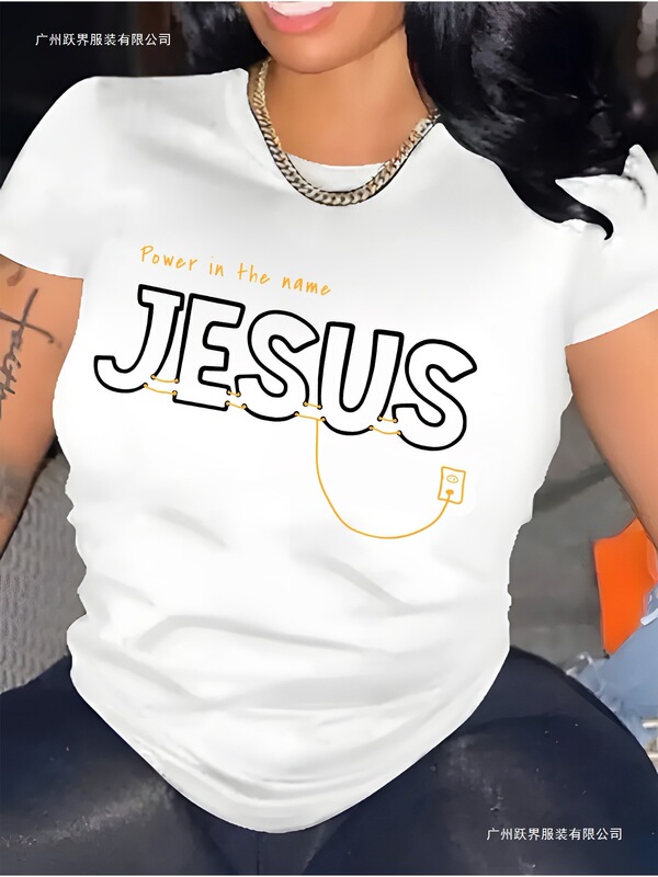 Women's Casual Short Sleeve T-Shirt - Bold "Jesus" Letter Print with Lightning & Smartphone Pattern Women's Casual Short Sleeve T-Shirt - Bold "Jesus" Letter Print with Lightning & Smartphone Pattern