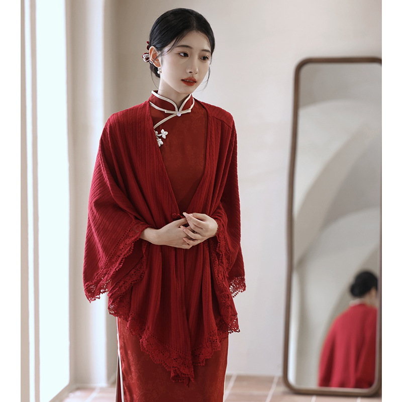 New Chinese Red Cheongsam Shawl Wedding Toast Bride's Mother Young Dress Coat Cape Outer