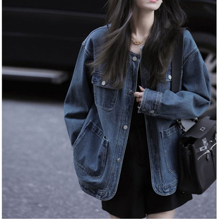 New Arrival Tooling Denim Coat BF Style Crewneck Retro Hong Kong Style Coat Women's Spring New Arrival Loose Long Sleeve Top