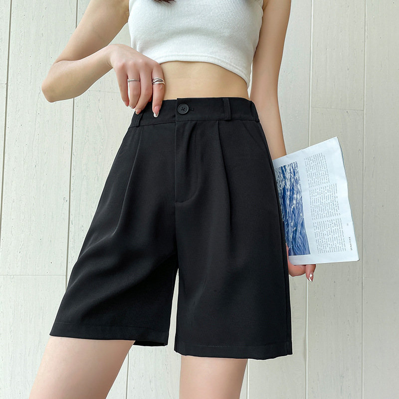 Black High-Waisted Loose-Fitting Slimming Straight-Leg Casual Shorts for Women, Breathable Wide-Leg Five-Point Linen Shorts