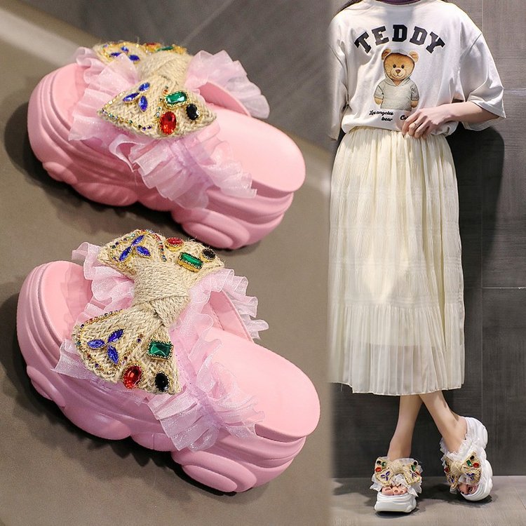 Novedad de verano europeo, estilo colorido, lazo de diamantes de imitación, plataforma de suela gruesa, Tacón de Cuña, punta abierta, sandalias cruzadas para mujer al aire libre_voghion.com