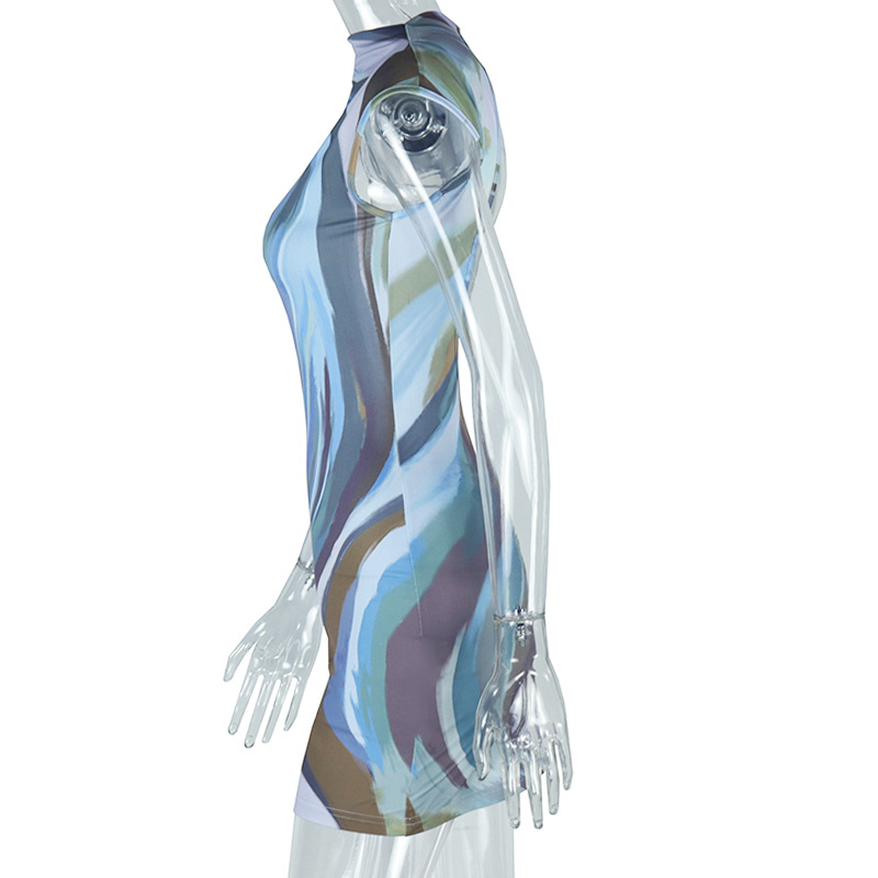 Elegant Women Printed Painted Backless Slim Fit Figure Flattering Hip Turtleneck Short Sleeveless Dress