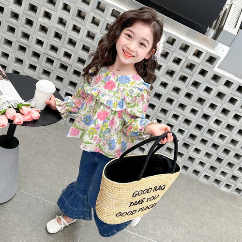Ladies' Spring and Autumn Season Floral Set 2024 New Trendy Baby Girl Long Sleeve Shirt and Denim Jeans Two-Piece Set Fashion
